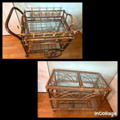 Rattan Glass Top Bar Cart & Table 