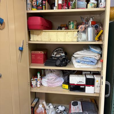Mystery Garage Cabinet Lot-Painting & Plumbing Supplies, Grill Cover, Craftsman Saw