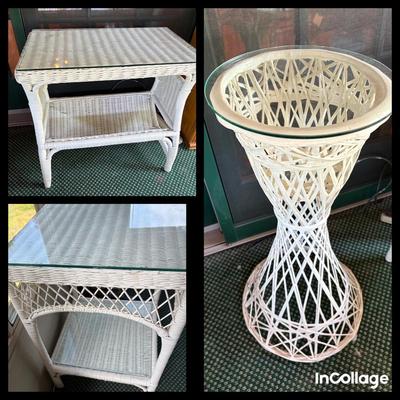 MCM Russel Woodard Fiberglass Spun Plant Stand Table & 2 Wicker Pieces
