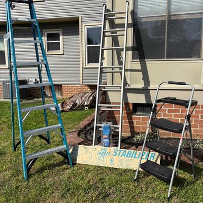 Werner 8’ Fiberglass, Stabilizing Bar, Keller 16’ Extension Aluminum Ladder