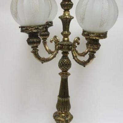 1170	LARGE METAL TABLE COLUMN LAMP WITH 4 ARMS HAVING 5 SATIN GLASS SHADES AND MARBLE BASE, APPROXIMATELY 41 IN H
