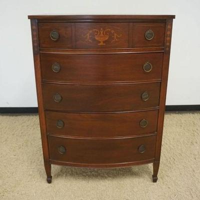 1198	MAHOGANY 5 DRAWER HIGH CHEST WITH FLORAL URN & BELL FLOWER INLAY, APPROXIMATELY 36 IN X 21 IN X 51 IN H
