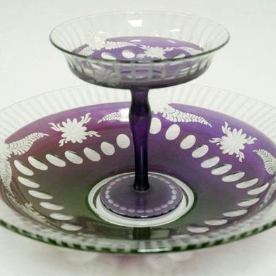 1128	LARGE AMETHYST CUT TO CLEAR COMPOTE WITH UNDER BOWL, APPROXIMATELY 13 IN X 7 IN H
