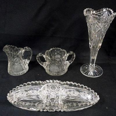 1141	ASSORTED CUT GLASS INCLUDING 10 IN H VASE, OVAL DISH, CREAMER & SUGAR

