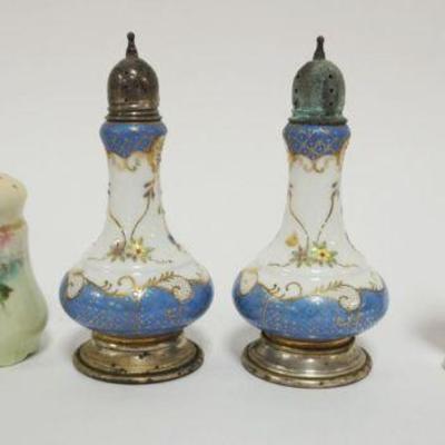 1049	HAND PAINTED PORCELAIN & CHINA SALTS & PEPPERS, 2 W/STERLING BASES, TALLEST APPROXIMATELY 5 1/4 IN HIGH
