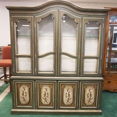 1224	DREXEL PAINT DECORATED 2 PART BREAKFRONT WITH BEVELED GLASS DOORS, 2 ADJUSTABLE GLASS SHELVES, INTERIOR LIGHTING AND SILVERWARE...