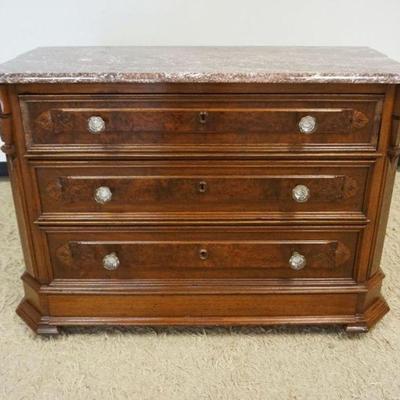 1192	MARBLE TOP VICTORIAN 4 DRAWER CHEST WITH 1 CONCEALED AT BOTTOM, BURLWOOD DRAWER FRONTS, SOME LOSS TO DRAWER TRIM ON 1 DRAWER,...