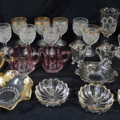 1143	GROUP OF ASSORTED PRESSED GLASS AND SILVER OVERLAY, GOBLETS, SPOONERS, ETC.
