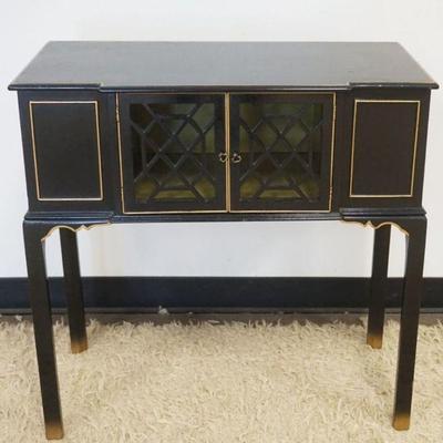 1195	BLACK LACQUERED STAND WITH 2 FRETWORK DOORS, APPROXIMATELY 30 IN  X 16 IN X 30 IN H
