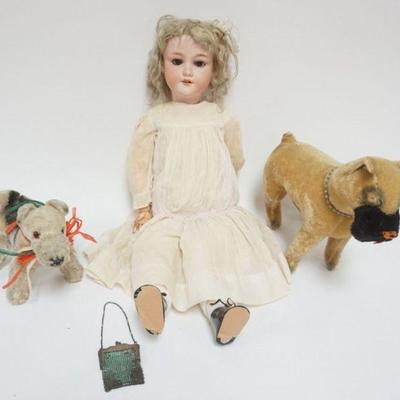 1179	ANTIQUE A & M BISQUE DOLL, STUFFED ANIMAL DOGS, 1 MOHAIR DOG MISSING EYES, DOLL APPROXIMATELY 26 1/2 IN
