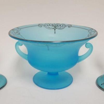 1127	BLUE ELEGANT SATIN GLASS CONSOLE SET WITH SILVER OVERLAY, CANDLESTICKS APPROXIMATELY 9 IN H
