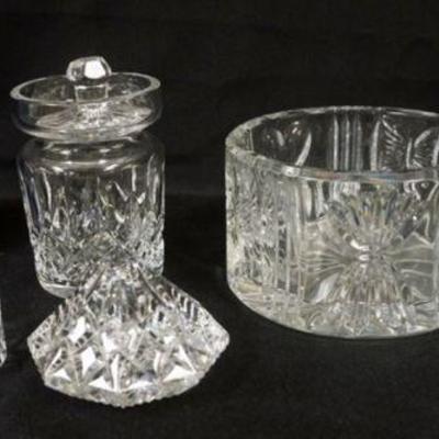 1151	WATERFORD CRYSTAL GROUP INCLUDING COVERED JAR, PAPER WEIGHT, ROUND DISH AND ROYAL DOULTON CRYSTAL NAPKIN RINGS, TALLEST PIECE...