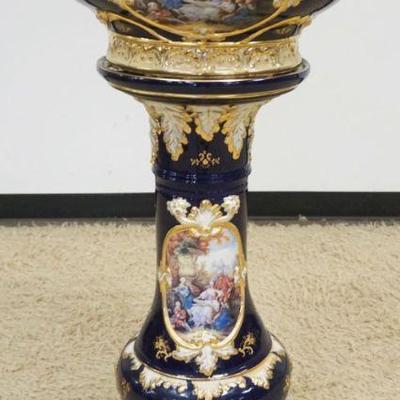 1045	PORCELAIN POT & PEDESTAL W/EMBOSSED SHELLS & IMAGES OF COURTING SCENES, GILT ACCENTED & TRIM, KOI FISH INTERIOR,...