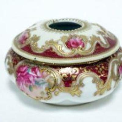 1058	GROUP OF 3 HAND PAINTED HAIR RECEIVERS, NIPPON, NORITAKE, ROYAL SATSUMA, LARGEST APPROXIMATELY 6 IN  X 3 1/2 IN 
