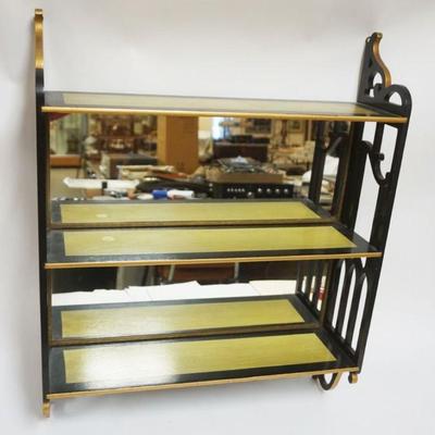 1194	BLACK LACQUERED MIRROR BACK HANGING SHELF WITH FRETWORK SIDES, APPROXIMATELY 21 IN W X 26 IN H X 6 IN D
