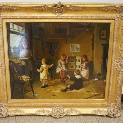 1155	OIL PAINTING ON CANVAS, IMAGE OF CHILDREN PLAYING IN A ROOM, APPROXIMATELY 40 IN X 35 IN OVERALL
