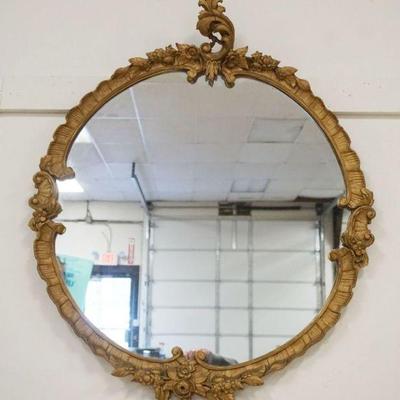 1214	ORNATE ROUND HANGING MIRROR IN GILT GESSO FRAME, APPROXIMATELY 31 IN X 38 IN

