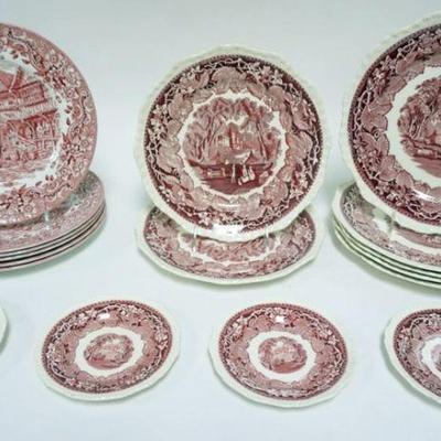 1068	ASSORTED RED AND WHITE IRONSTONE TRANSFERWARE INCLUDING 5-10 1/2 IN MASONS PLATES, 2-10 IN PLATES, 4-6 IN PLATES AND 6-10 IN 17TH...