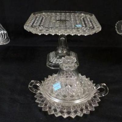 1146	GROUP OF VICTORIAN PRESSED GLASS ITEMS, INCLUDING CAKE PLATE, COMPOTE, COVERED DISH, CAKE PLATE APPROXIMATELY 10 IN SQ X 11 IN H
