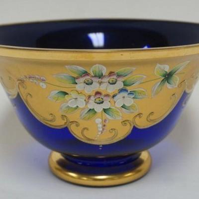 1130	MURANO COBALT GLASS ENAMEL DECORATED FRUIT BOWL, APPROXIMATELY 9 IN X 4 IN H
