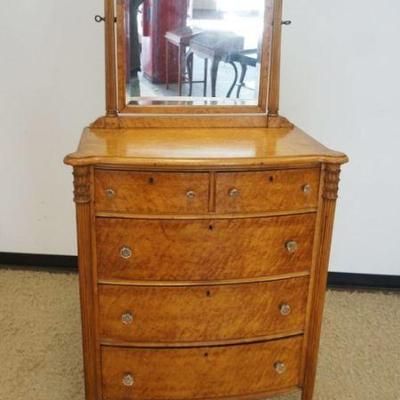 1186	BIRDSEYE MAPLE 5 DRAWER HIGH CHEST WITH FLUTED COLUMN SIDES AND BEVELED EDGE MIRROR, CREST HAS LOSS, APPROXIMATELY 34 IN X 20 IN X...