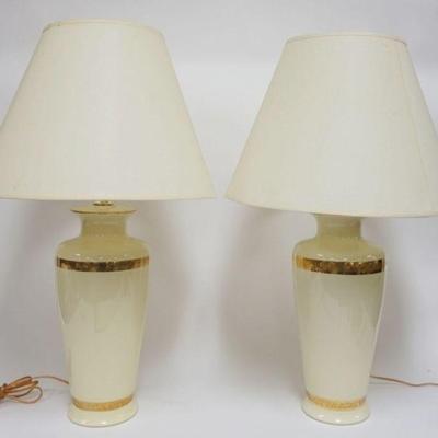 1171	PAIR OF IVORY PORCELAIN TABLE LAMPS WITH GILT RING ACCENTS, APPROXIMATELY 28 3/4 IN HIGH
