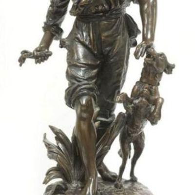 1113	AUGUSTE MOREAU SIGNED BRONZE STATUE  *FRIENDS* MAN WALKING WITH DOG ON MARBLE BASE, APPROXIMATELY 29 IN H
