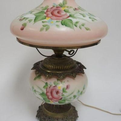 1168	HAND PAINTED SATIN GLASS VICTORIAN STYLE LAMP, APPROXIMATELY 22 IN H

