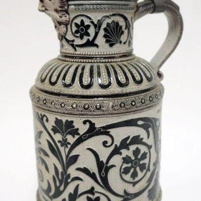 1073	GERMAN STONEWARE PITCHER WITH PEWTER LID, APPROXIMATELY 15 IN H
