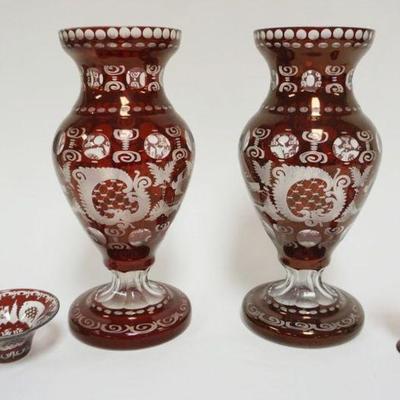 1122	BOHEMIAN RUBY CUT TO CLEAR VASES WITH ETCHED IMAGES OF CASTLES, BIRDS & STAGS EACH APPROXIMATELY 11 IN AND SMALL CORDIAL AND BOWL
