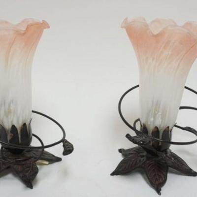 1172	PAIR OF METAL BEDSIDE LAMPS WITH HUMMING BIRDS AND SATIN GLASS TRUMPET SHADES, EACH APPROXIMATELY 8 IN H
