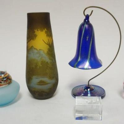 1129	GROUP OF ASSORTED CONTEMPORARY ART GLASS INCLUDING PAPER WEIGHT, HANGING BELL, SATIN GLASS COVERED JAR AND LALIQUE STYLE  VASE,...