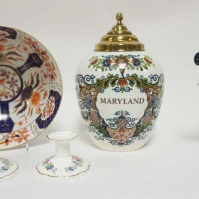 1025	GROUP OF ASSORTED CHINA & POTTERY ICLUDING CONTEMPORARY DELFT *MARYLAND* TOBACCO JAR, ANSLEY CANDLESTICKS & PORCELAIN RABBIT...