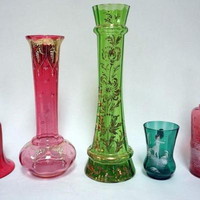 1125	ASSORTED VICTORIAN COLORED GLASS INCLUDING ENAMEL DECORATED CRANBERRY, GREEN GLASS VASE, MARY GREGORY DECANTER AND MUG AND RUBY...