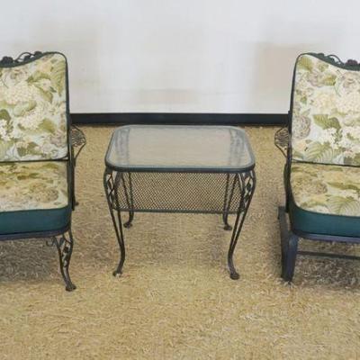 1236	WROUGHT IRON PATIO/SUN ROOM CHAIR, SPRING ROCKING CHAIR AND GLASS TOP TABLE, CHAIR APPROXIMATELY 29 IN X 31 IN X 34 IN, SPRING CHAIR...