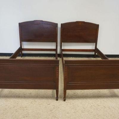 1196	PAIR OF MAHOGANY SINGLE BEDS WITH FLORAL URN & BELL FLOWER INLAY, EACH APPROXIMATELY 43 IN X 79 IN X 43 IN H
