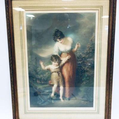 1156	FRAMED AND MATTED ENGRAVING OF WOMAN AND CHILD *CROSSING THE BROOK* ARTIST SIGNED, APPROXIMATELY 25 IN X 33 IN OVERALL
