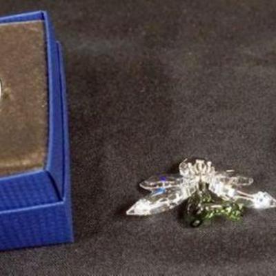 1085	SWAROVSKI CRYSTAL FIGURES, FLORAL WREATH IN BOX, CLAM WITH PEARL AND BUTTERFLY, TALLEST APPROXIMATELY 3 IN X 1 1/4 IN

