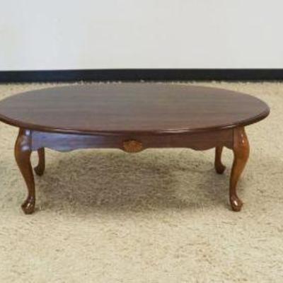 1210	3 PIECE LAMP AND COFFEE TABLE SET IN CHERRY WOOD FINISH AND APPLIED SHELL CARVINGS, LAMP TABLES APPROXIMATELY 25 IN X 23 IN H,...
