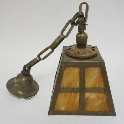 1158	MISSION ARTS & CRAFTS STYLE BROWN SLAG GLASS HANGING LAMP WITH WIDE BAND BRASS CHAIN LINK HANGER, FIXTURE APPROXIMATELY 9 IN SQ...
