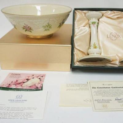 1024	LENOX CONSTITUTION CONSOLE BOWL & 2 CANDLESTICKS IN BOXES, BOWL APPROXIMATELY 10 1/2 IN X 4 IN HIGH
