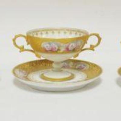 1029	SET OF 5 BOUILLON CUPS ON PEDESTALS W/SAUCERS, EACH HAVING GILT BORDERS & HAND PAINTED FLOWERS, SAUCERS APPROXIMATELY 5 1/2 IN,...