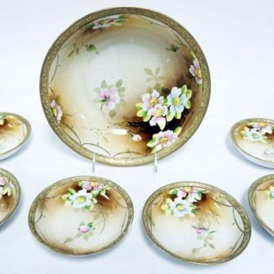 1059	HAND PAINTED NIPPON BERRY SET, 9 3/4 IN MASTER BOWL W/6-5 1/2 IN BOWLS
