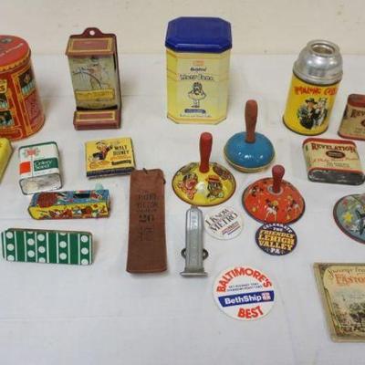 1178B	GROUP OF ASSORTED TINS, NOISE MAKERS, BUTTONS, TOBACCO TINS, ETC
