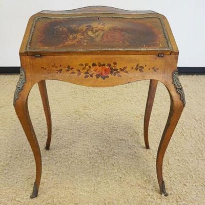 1187	FRENCH BOMBE LADIES PAINT DECORATED WRITING DESK WITH METAL TRIM AND MOUNTS, INTERIOR HAS 2 HAND DOVETAILED DRAWERS, PAINT LOSS ALL...