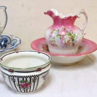 1066	ANTIQUE WATER BOWL AND PITCHERS, CHAMBER POT AND JARDINEER, LARGEST PIECE APPROXIMATELY 16 IN X 14 IN H
