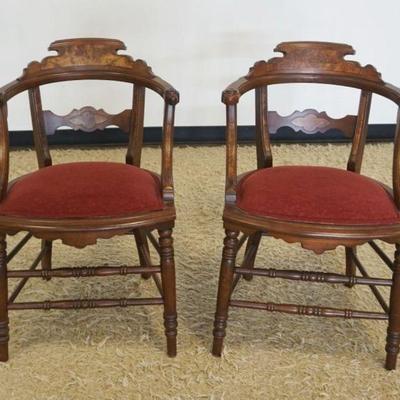 1188	PAIR OF WALNUT VICTORIAN HALF ROUND PARLOR CHAIRS WITH UPHOLSTERED SEATS, EACH APPROXIMATELY 21 IN X 23 IN X 31 IN H
