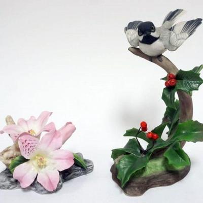 1078	BOHEM FIGURES, *BLACK CAPPED CHICKADEE* AND *RHODODENDRON*, RHODODENDRON HAS FLOWER DAMAGE
