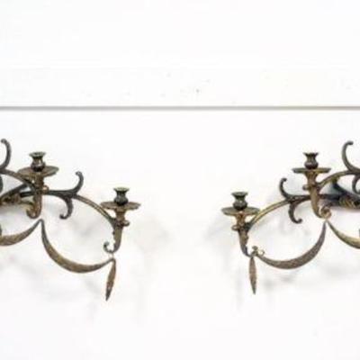 1121	MASSIVE BRASS 6 CANDLE HANGING WALL SCONCES WITH HANGING BRASS SWAG, EACH APPROXIMATELY 38 IN X 28 IN H
