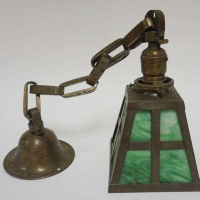 1159	MISSION ARTS & CRAFTS STYLE GREEN SLAG GLASS HANGING LAMP WITH WIDE BAND BRASS CHAIN LINK HANGER, FIXTURE APPROXIMATELY 6 IN SQ...